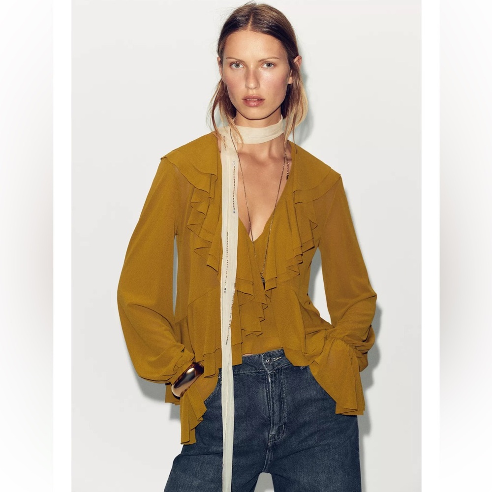 New With Tags Zara Ruffle Mesh Mustard Top